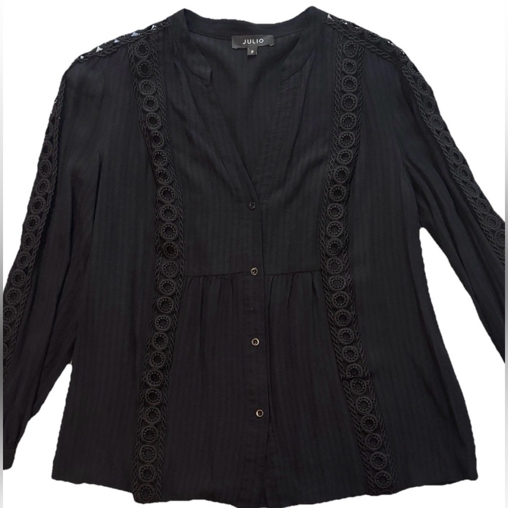 Julio Black Lace Trim Boho Blouse Sheer Peasant Romantic Flowy Top